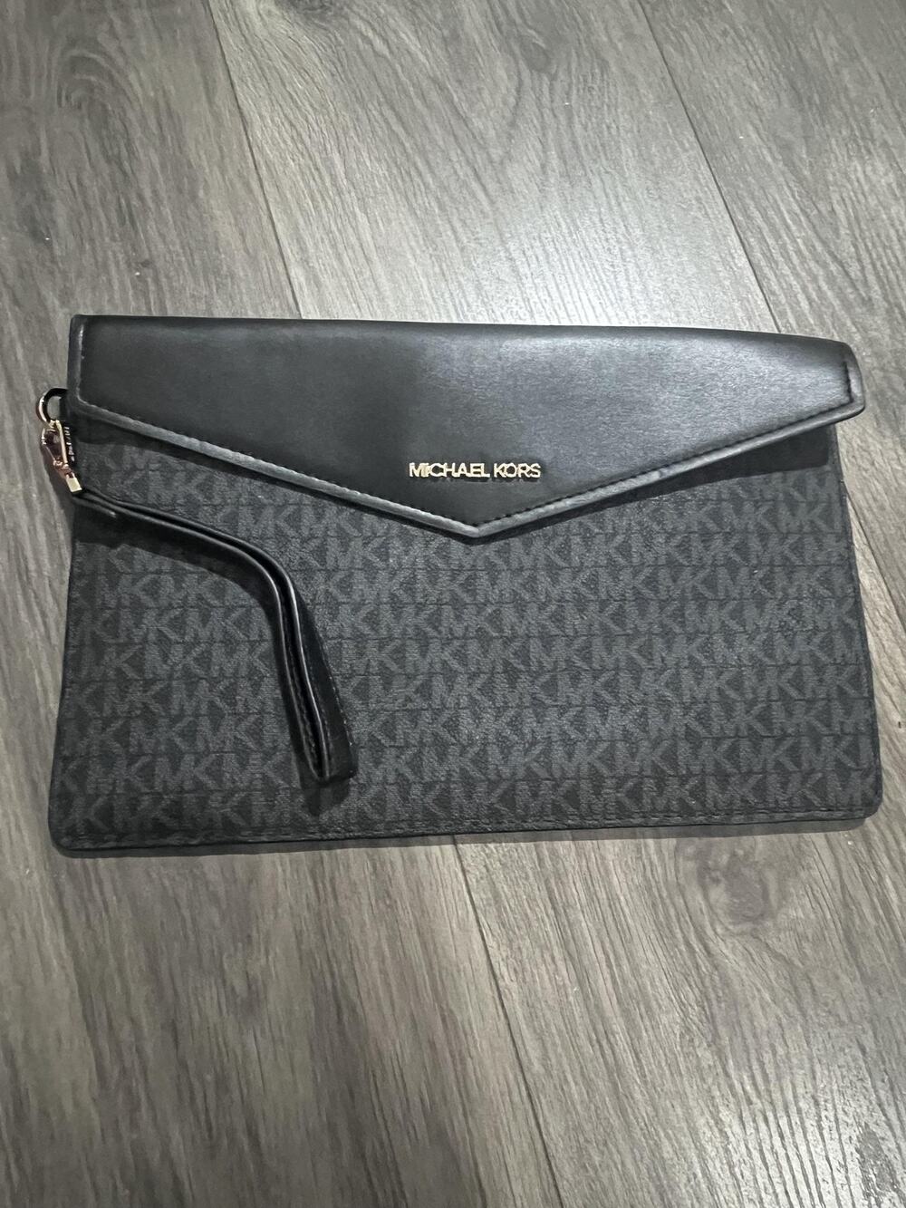 Michael Kors Clutch Womens Small Black Monogram Canvas Leather Detachable Strap